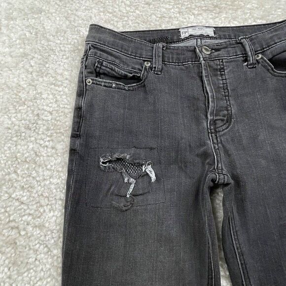 Free People Fishnet Patch Skinny Jean Button Fly Washed Out Black - Picture 7 of 15